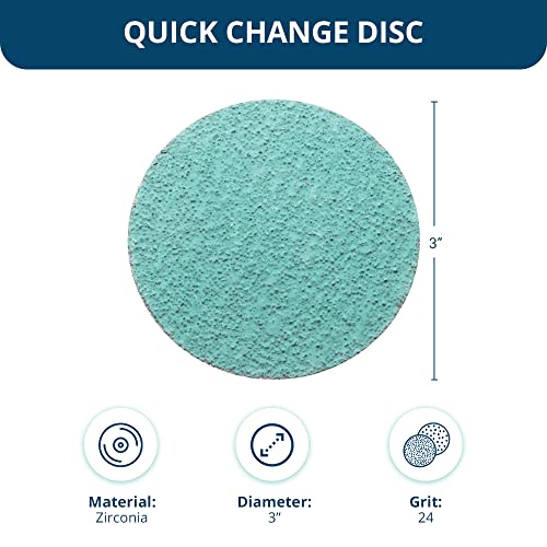 Benchmark Abrasives 3" Quick Change Green Zirconia Sanding Discs with Male R-Type Backing for Surface Finish Grind Polish Burr Rust Paint Removal Use with Die Grinder (25 Pack) - 24 Grit