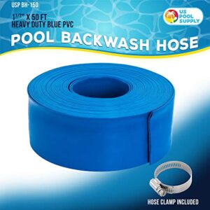 U.S. Pool Supply 1-1/2" x 50' Heavy Duty Blue Swimming Pool Backwash Hose with Hose Clamp