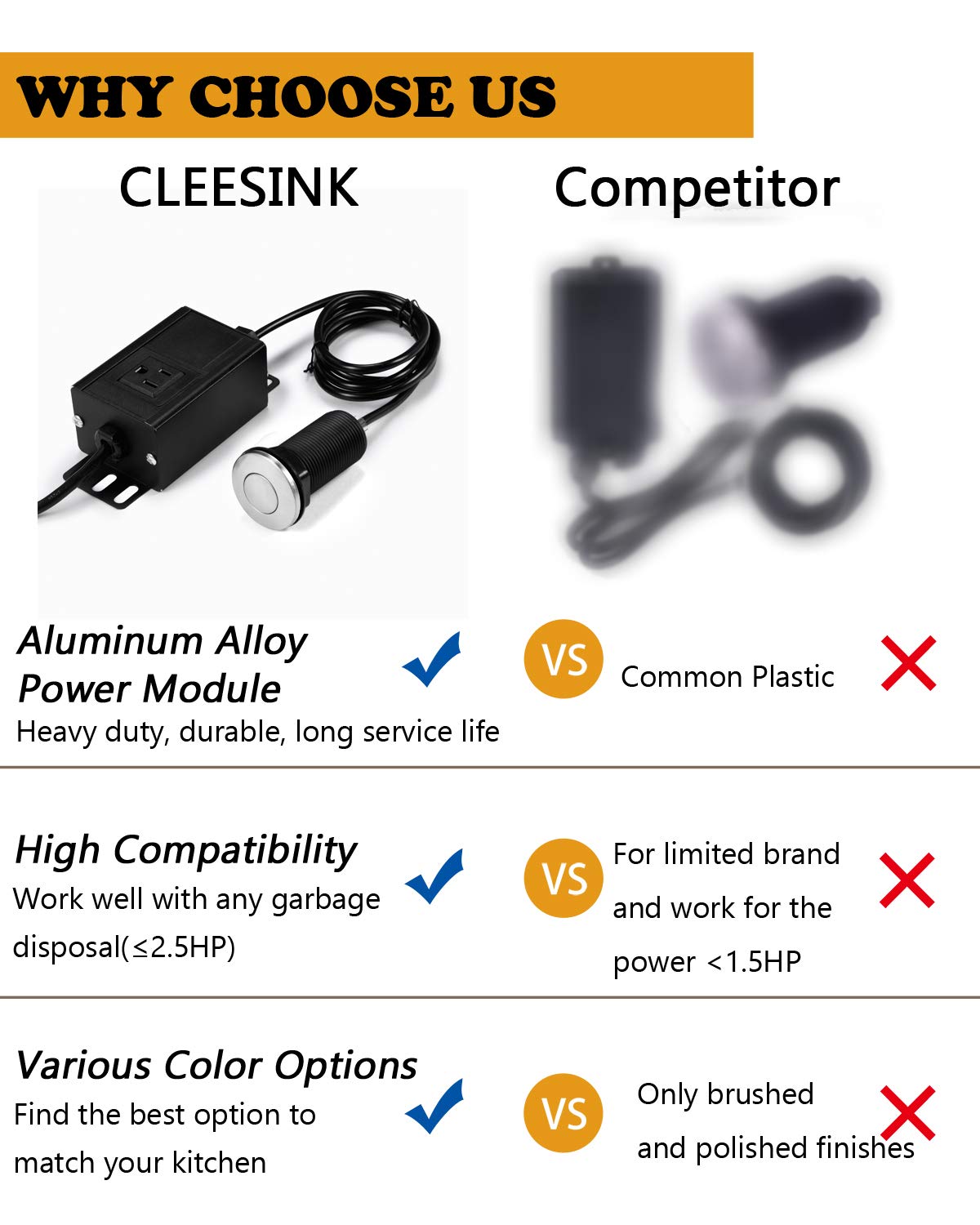 Garbage Disposal Air Switch Kit, Sink Top Waste Disposer On/Off Switch with Aluminum Alloy Power Module (LONG BRUSHED NICKEL STAINLESS STEEL BUTTON) by CLEESINK