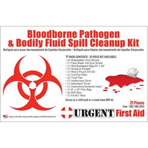 Urgent First Aid 22 Piece Bodily Fluid Clean Up Pack/Bloodborne Pathogen Spill Kit - be OSHA Compliant and Protect from Dangerous Exposure to Blood and Other potentially infectious Materials