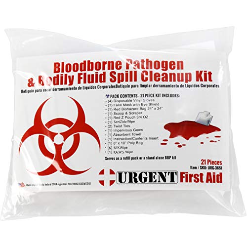 Urgent First Aid 22 Piece Bodily Fluid Clean Up Pack/Bloodborne Pathogen Spill Kit - be OSHA Compliant and Protect from Dangerous Exposure to Blood and Other potentially infectious Materials