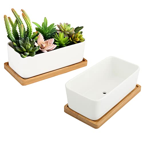 MyGift White Ceramic Plant Pots with Drainage, Rectangular Succulent Planter with Removable Bamboo Saucers, Set of 2