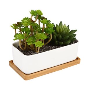 MyGift White Ceramic Plant Pots with Drainage, Rectangular Succulent Planter with Removable Bamboo Saucers, Set of 2