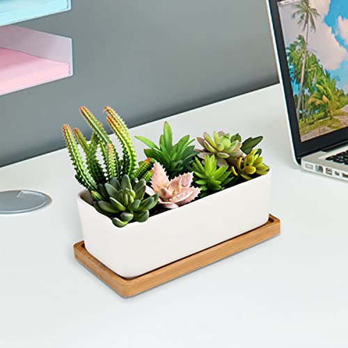 MyGift White Ceramic Plant Pots with Drainage, Rectangular Succulent Planter with Removable Bamboo Saucers, Set of 2