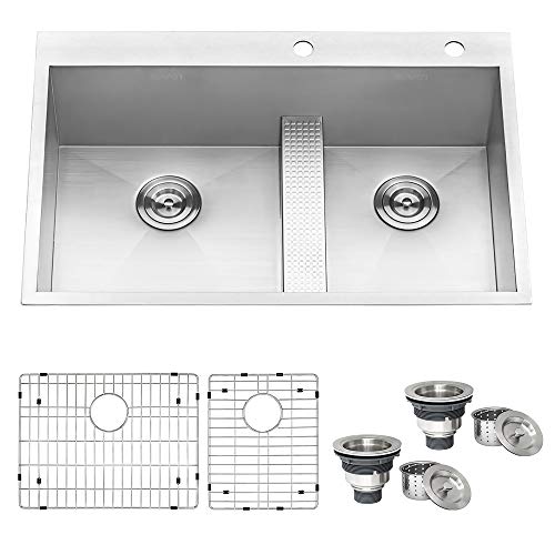 Ruvati 33-inch Drop-in Low Platform-Divide Zero Radius 60/40 Double Bowl 16 Gauge Topmount Kitchen Sink - RVH8059