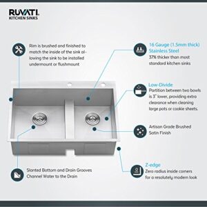 Ruvati 33-inch Drop-in Low Platform-Divide Zero Radius 60/40 Double Bowl 16 Gauge Topmount Kitchen Sink - RVH8059