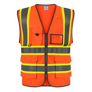 shorfune high visibility safety vest with pockets, mic tab, reflective strips and zipper, ansi/isea standards,oange,m