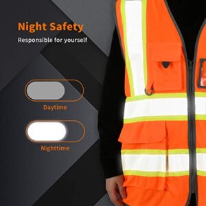 SHORFUNE High Visibility Safety Vest with Pockets, Mic Tab, Reflective Strips and Zipper, ANSI/ISEA Standards,Oange,M