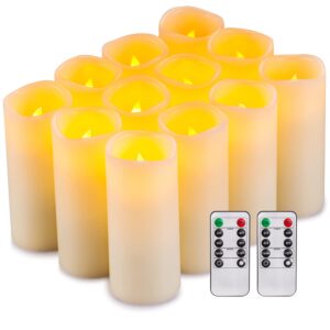 enpornk flameless candles flickering led candles set of 12 (d:2.2" x h:5") ivory real wax pillar battery opeated candles with 10-key remote and cycling 24 hours timer