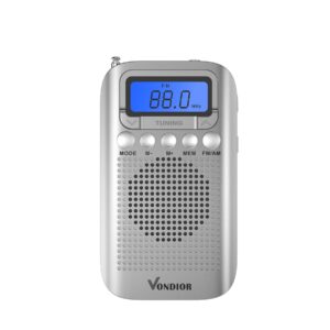 vondior digital am fm portable pocket radio with alarm clock- best reception and longest lasting. am fm compact radio player operated by 2 aaa battery, stereo headphone socket (silver)