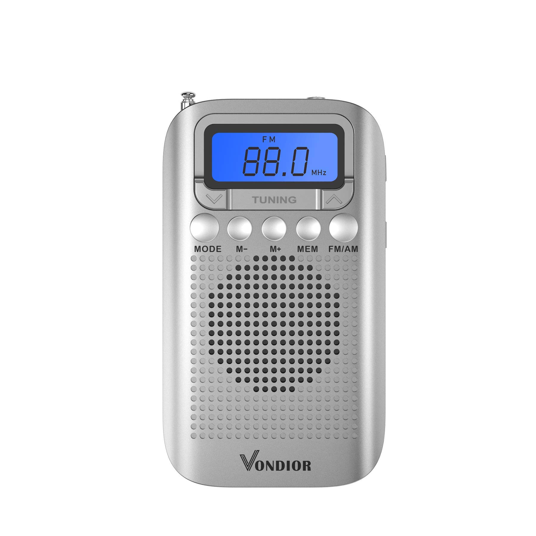 Vondior Digital AM FM Portable Pocket Radio with Alarm Clock- Best Reception and Longest Lasting. AM FM Compact Radio Player Operated by 2 AAA Battery, Stereo Headphone Socket (Silver)