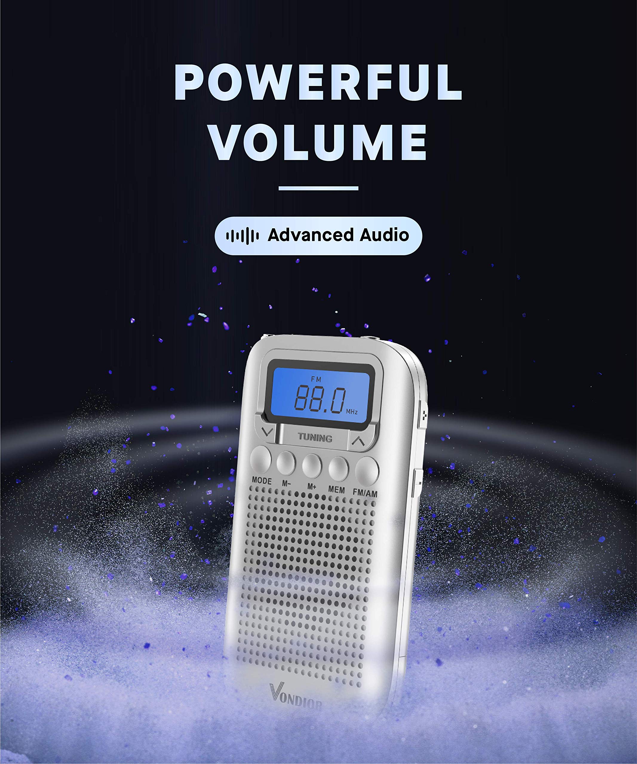 Vondior Digital AM FM Portable Pocket Radio with Alarm Clock- Best Reception and Longest Lasting. AM FM Compact Radio Player Operated by 2 AAA Battery, Stereo Headphone Socket (Silver)