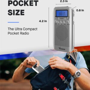 Vondior Digital AM FM Portable Pocket Radio with Alarm Clock- Best Reception and Longest Lasting. AM FM Compact Radio Player Operated by 2 AAA Battery, Stereo Headphone Socket (Silver)