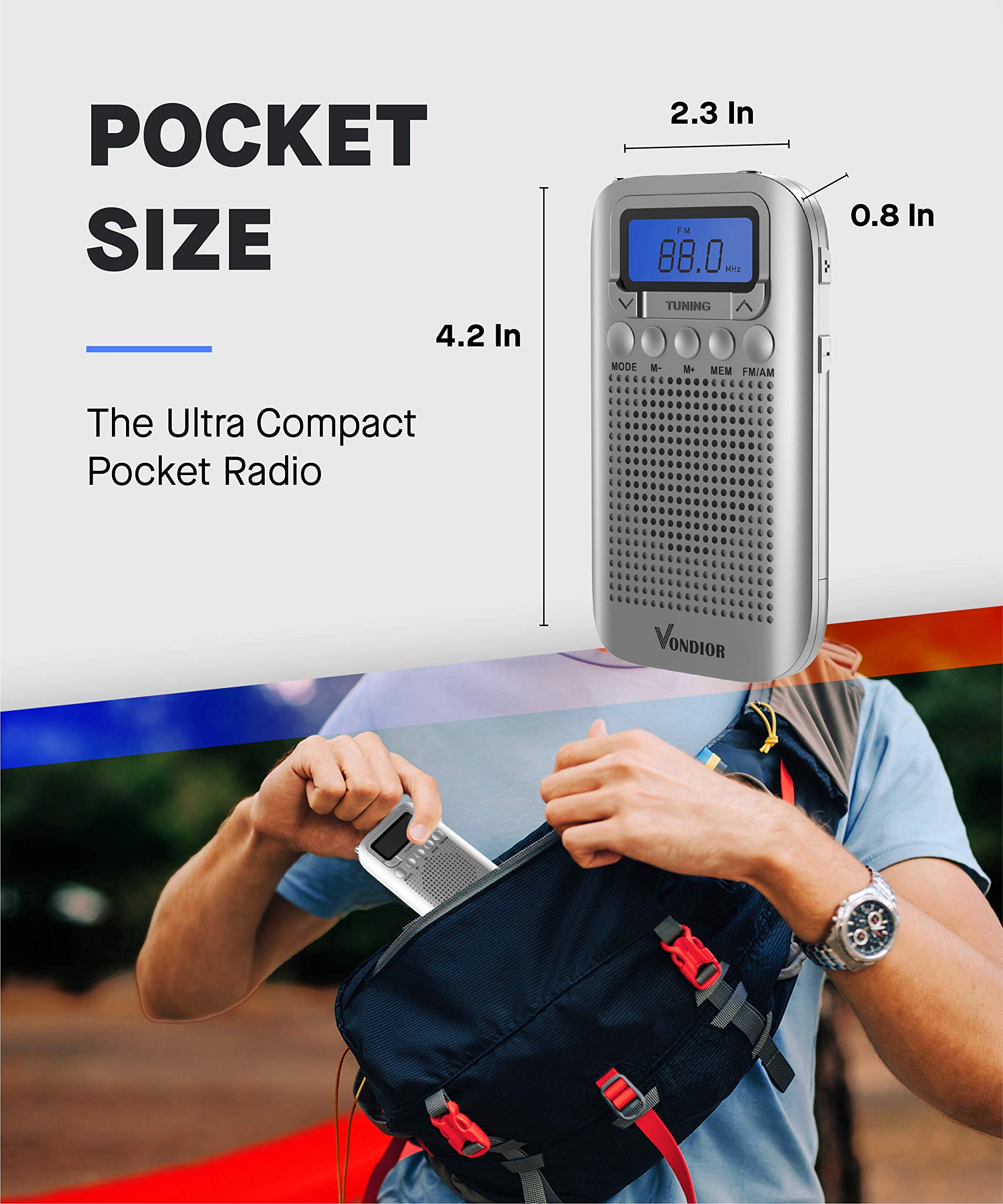 Vondior Digital AM FM Portable Pocket Radio with Alarm Clock- Best Reception and Longest Lasting. AM FM Compact Radio Player Operated by 2 AAA Battery, Stereo Headphone Socket (Silver)