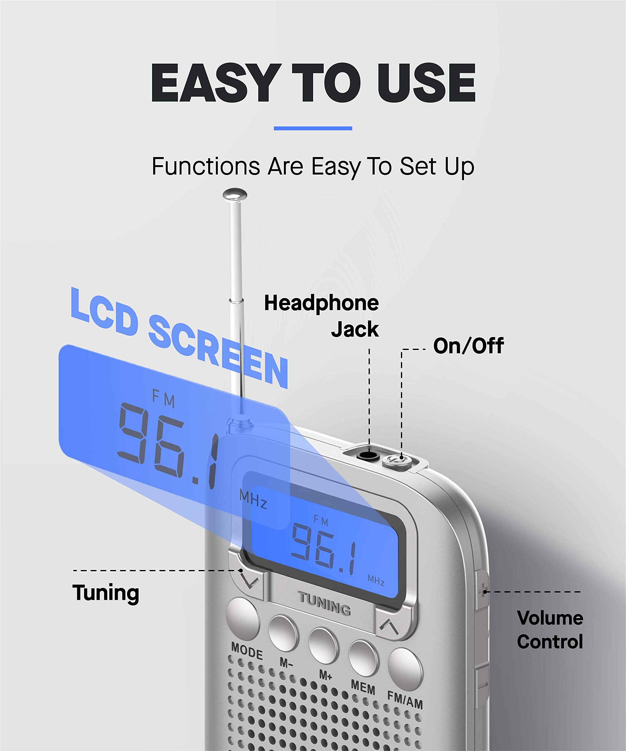 Vondior Digital AM FM Portable Pocket Radio with Alarm Clock- Best Reception and Longest Lasting. AM FM Compact Radio Player Operated by 2 AAA Battery, Stereo Headphone Socket (Silver)