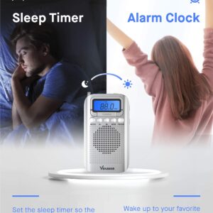 Vondior Digital AM FM Portable Pocket Radio with Alarm Clock- Best Reception and Longest Lasting. AM FM Compact Radio Player Operated by 2 AAA Battery, Stereo Headphone Socket (Silver)