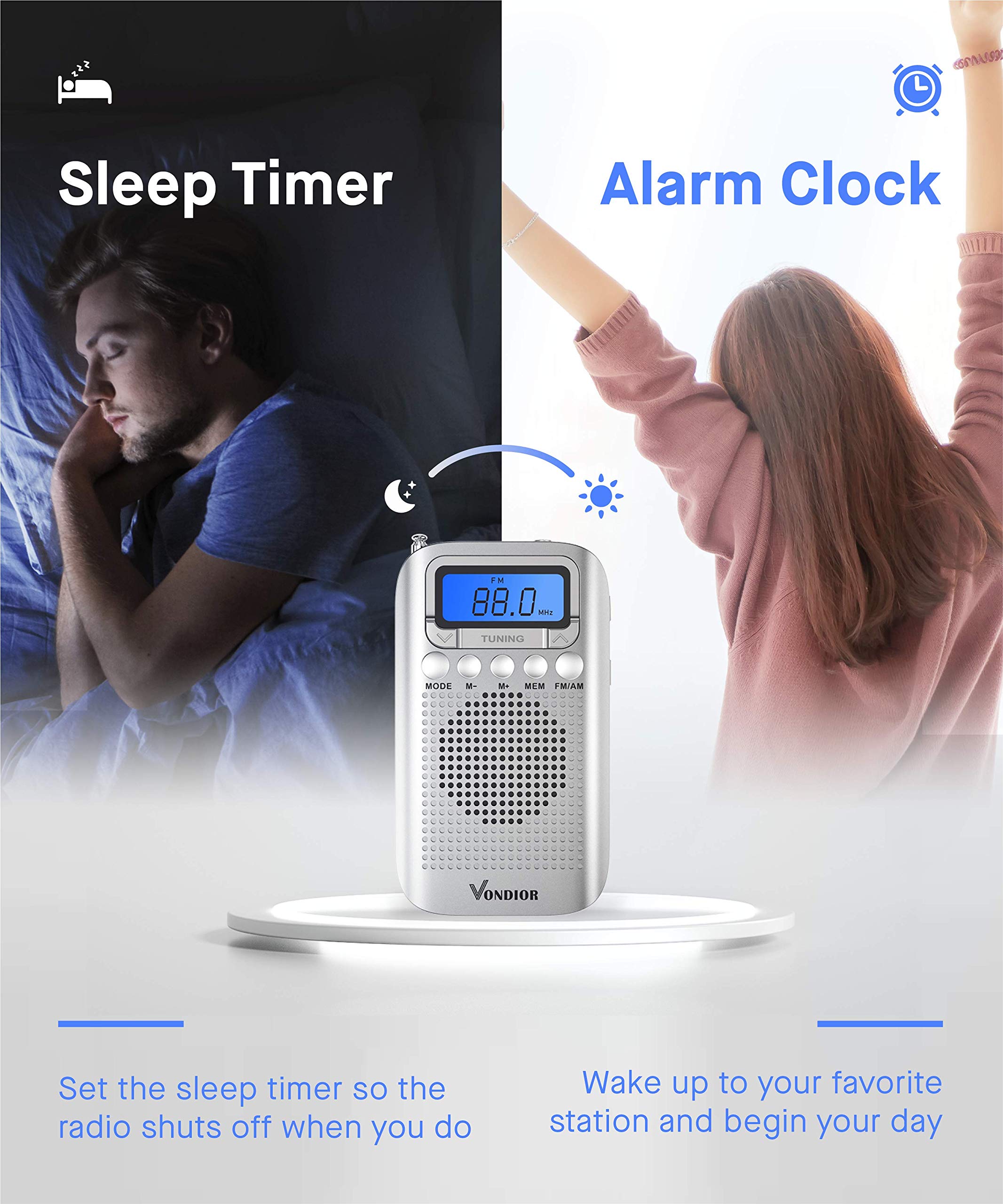 Vondior Digital AM FM Portable Pocket Radio with Alarm Clock- Best Reception and Longest Lasting. AM FM Compact Radio Player Operated by 2 AAA Battery, Stereo Headphone Socket (Silver)