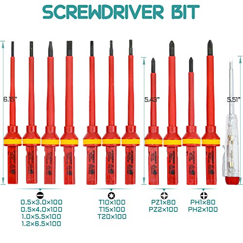 13 Piece Insulated Screwdriver Set R'deer Industrial Level 1000v Cr-V Magnetic Slotted Phillips Pozidriv Torx Electrician Tool Kit