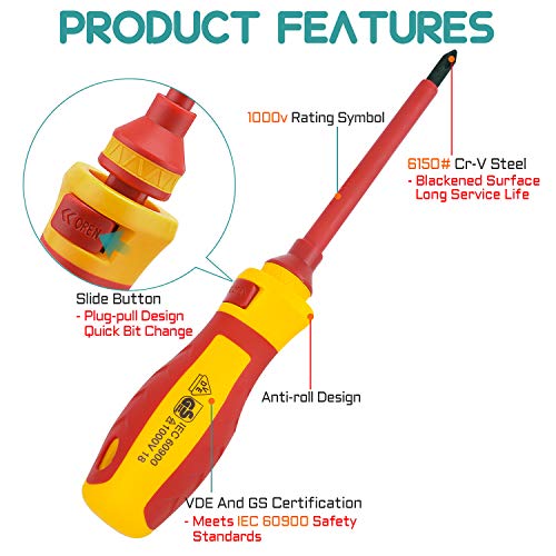 13 Piece Insulated Screwdriver Set R'deer Industrial Level 1000v Cr-V Magnetic Slotted Phillips Pozidriv Torx Electrician Tool Kit