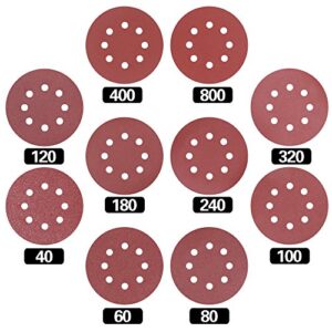 swpeet 60 pcs 10 sizes 5 inch 8 hole sanding discs sandpaper hook and loop pads for circular sander grits sanding sheets 10 sizes - 40/60 / 80/100/ 120/180 / 240/320 / 400/800 grits