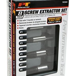 Performance Tool W2968 - 8-Piece Spiral Screw Extractor Set with Tapered Counter-Clockwise Threads and Blow Mold Storage Case