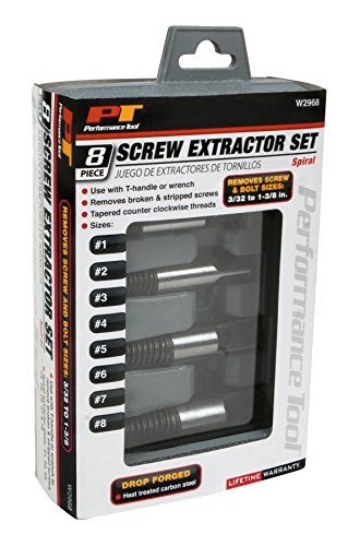 Performance Tool W2968 - 8-Piece Spiral Screw Extractor Set with Tapered Counter-Clockwise Threads and Blow Mold Storage Case