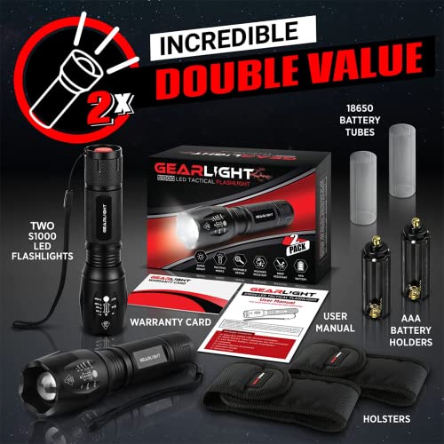 GearLight 2pack S1000 LED Flashlights High Lumens - Mini Flashlights for Camping, Hiking, Walking - Powerful Emergency Flashlights with 5 Modes for Outdoor Use - Bright Flashlight with Zoomable Beam