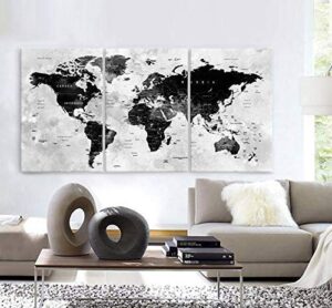 original by boxcolors large 30"x 60" 3 panels 30"x20" ea art canvas print watercolor map world countries cities push pin travel wall color black white gray decor home interior (framed 1.5" depth)