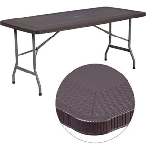 flash furniture elon 5.62-foot brown rattan indoor-outdoor plastic folding table with umbrella hole