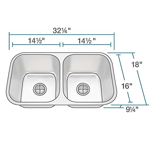 MR Direct 3218A-16 Stainless Steel Undermount 32-1/4 in. Double Bowl Kitchen Sink, 16 Gauge