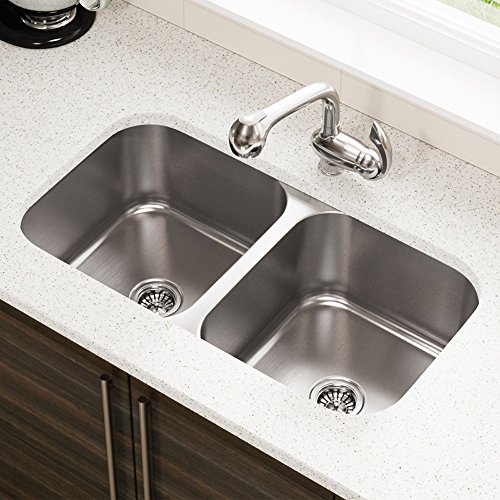 MR Direct 3218A-16 Stainless Steel Undermount 32-1/4 in. Double Bowl Kitchen Sink, 16 Gauge