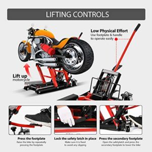 VIVOHOME Hydraulic Motorcycle Lift Jack 1500 LBS Capacity Steel ATV Lifts Stand Hoist with Wheels and Handle for Motorcycles, ATVs, Dirt Bikes Red