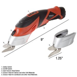 Cordless Electric Scissors with Two Blades - Fabric, Leather, Carpet and Cardboard Cutter - 3.6V Lithium-Ion Rechargeable Battery by Stalwart (Red)