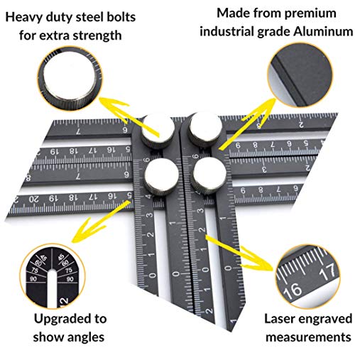 Strongman Tools Heavy Duty Aluminum Angle Measuring Ruler Angle Finder Template Ideal Gift for The DIY Lover Craftsman Carpenter Construction (Includes Pouch + Pencil) Woodworking Tool