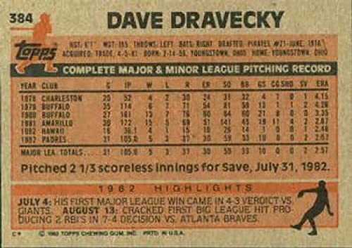 Baseball MLB 1983 Topps #384 Dave Dravecky RC Padres