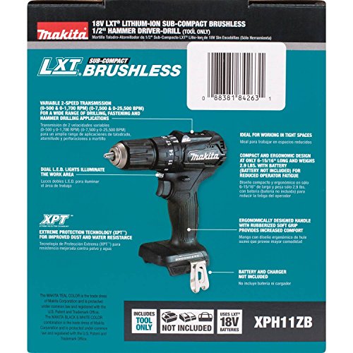 Makita XPH11ZB 18V LXT Lithium-Ion Sub-Compact Brushless Cordless 1/2" Hammer Driver-Drill, Tool Only