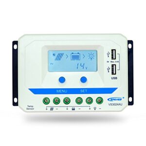 epever solar charge controller 30a pwm vs3024au with dual usb ports solar panel battery regulator 12v/24v auto work with lcd display (30a)