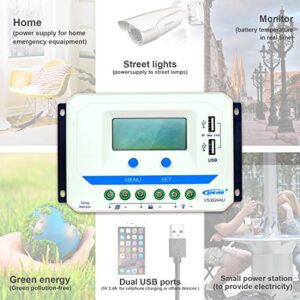 EPEVER Solar Charge Controller 30A PWM VS3024AU with Dual USB Ports Solar Panel Battery Regulator 12V/24V Auto Work with LCD Display (30A)