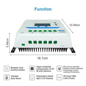 EPEVER Solar Charge Controller 30A PWM VS3024AU with Dual USB Ports Solar Panel Battery Regulator 12V/24V Auto Work with LCD Display (30A)