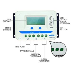 EPEVER Solar Charge Controller 30A PWM VS3024AU with Dual USB Ports Solar Panel Battery Regulator 12V/24V Auto Work with LCD Display (30A)
