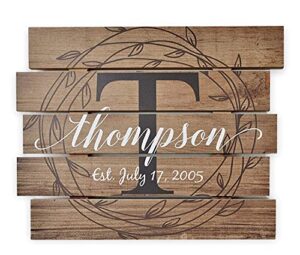 personalized printed wood family name sign with rustic pallet monogram 15x18