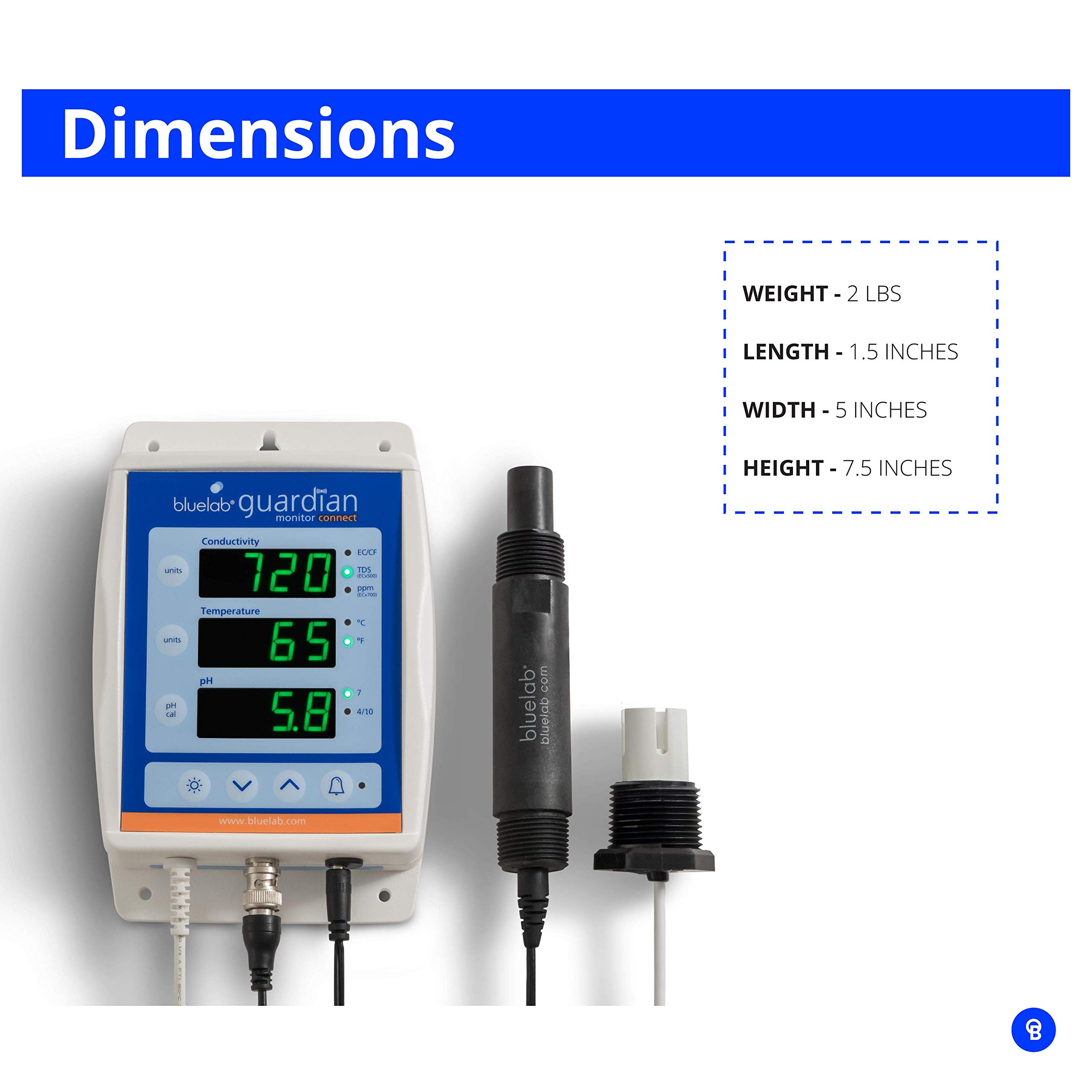 Bluelab MONGUACONIN Guardian Monitor Connect In-line for pH, Temperature, and Conductivity Measures, Easy Calibration and Data Logging (Connect Stick not Included) White