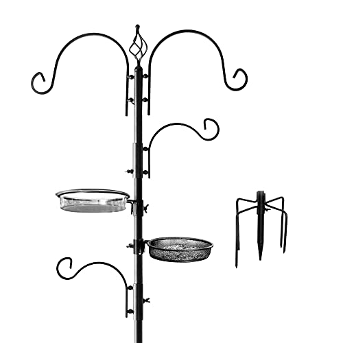 Ashman Deluxe Bird Feeding Station (1 Pack) Bird Feeders for Outside - Multi Feeder Pole Stand Kit with 4 Hangers, Bird Bath and 3 Prong Base for Attracting Wild Birds - 22 Inch Wide x 92 Inch Tall.