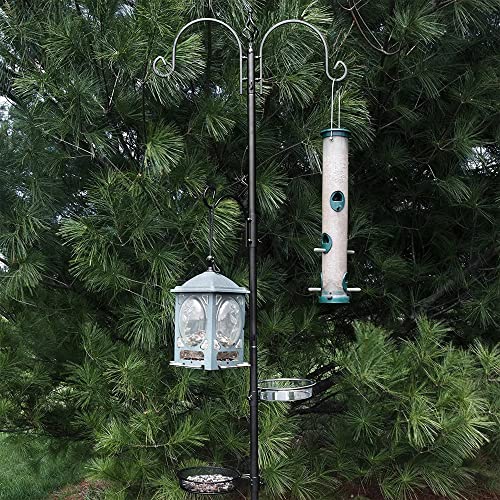 Ashman Deluxe Bird Feeding Station (1 Pack) Bird Feeders for Outside - Multi Feeder Pole Stand Kit with 4 Hangers, Bird Bath and 3 Prong Base for Attracting Wild Birds - 22 Inch Wide x 92 Inch Tall.