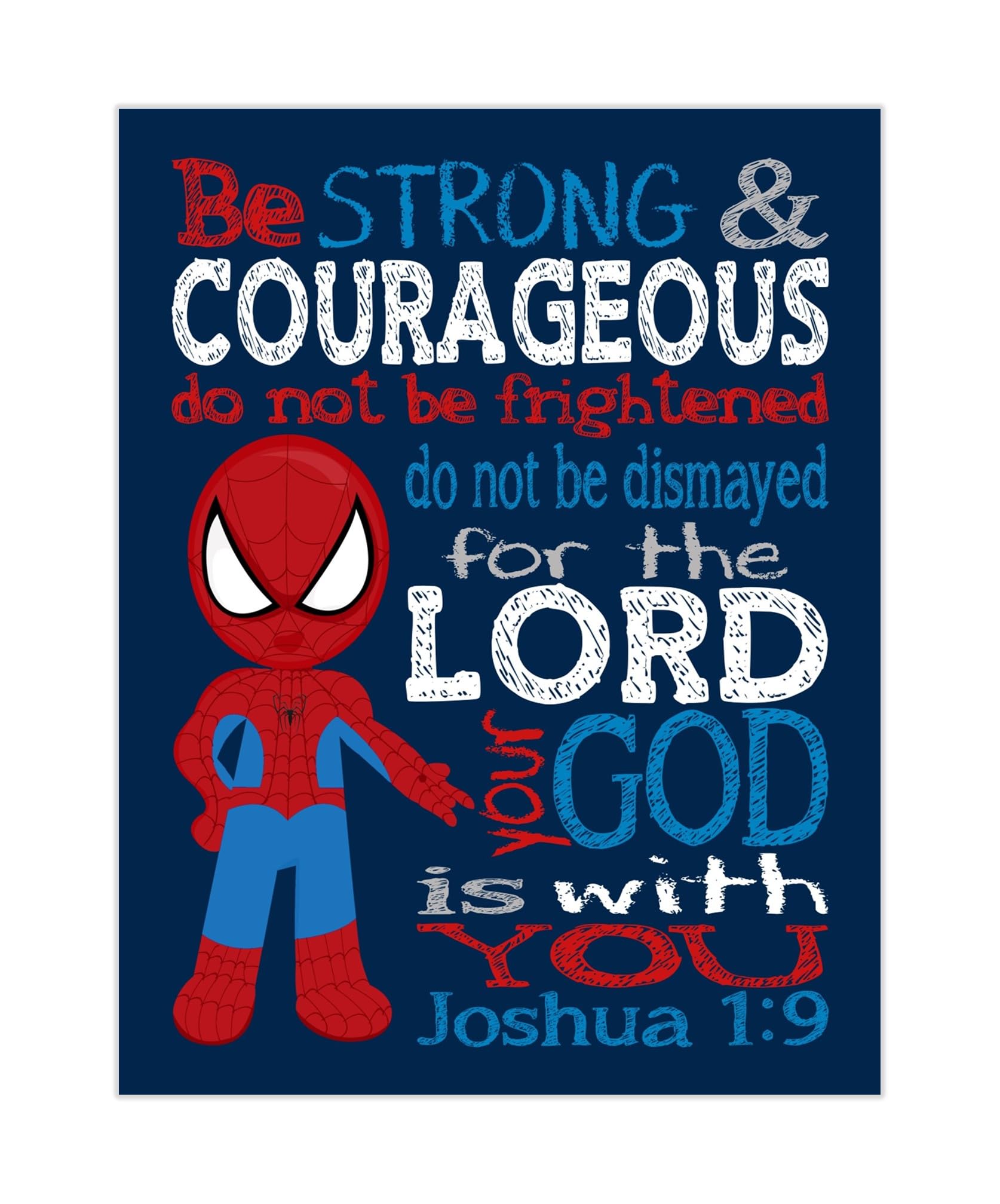 Spiderman Superhero Christian Nursery Decor Unframed Print - Be Strong and Courageous Joshua 1:9