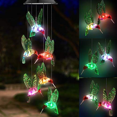 Topspeeder LED Solar Hummingbird Wind Chime, Changing Color Waterproof Six Hummingbird Wind Chimes for Home Party Night Garden Decoration