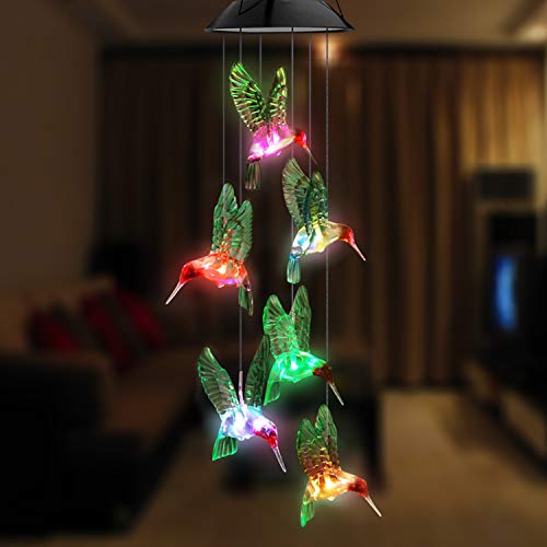 Topspeeder LED Solar Hummingbird Wind Chime, Changing Color Waterproof Six Hummingbird Wind Chimes for Home Party Night Garden Decoration