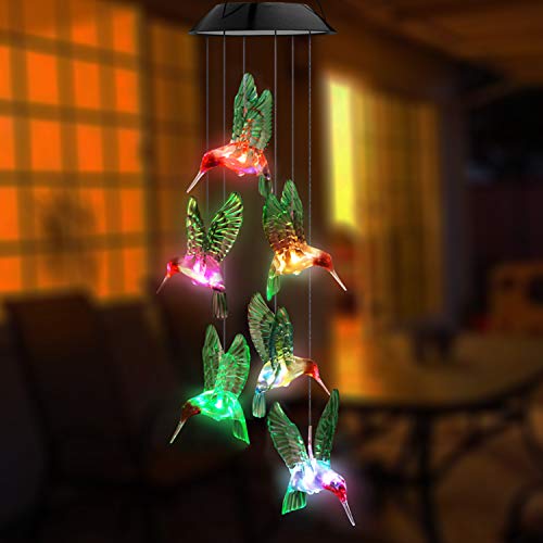 Topspeeder LED Solar Hummingbird Wind Chime, Changing Color Waterproof Six Hummingbird Wind Chimes for Home Party Night Garden Decoration