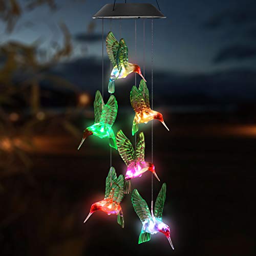 Topspeeder LED Solar Hummingbird Wind Chime, Changing Color Waterproof Six Hummingbird Wind Chimes for Home Party Night Garden Decoration