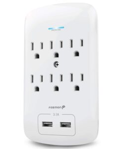 fosmon 6 outlet surge protector 1200 joules with 2 usb ports charger (3.1a), multi plug outlet extender 1875 watt, 3-prong grounded wall tap adapter